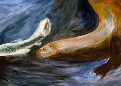 Dyfi mural, Otter chasing fish, 2022